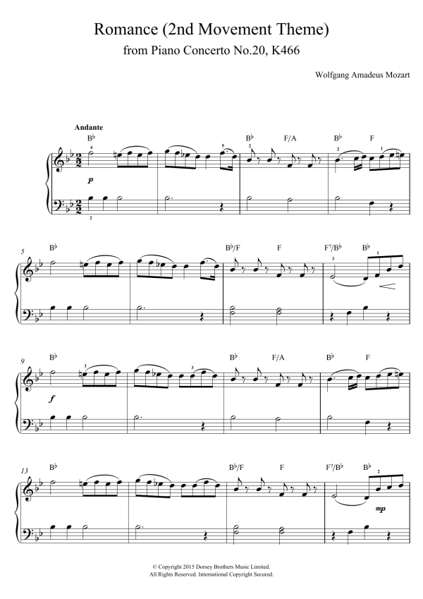 Wolfgang Amadeus Mozart Romance (2nd Movement Theme) from Piano Concerto No.20, K466 Musik Noten - Piano, Vocal & Guitar Chords - 122720-0