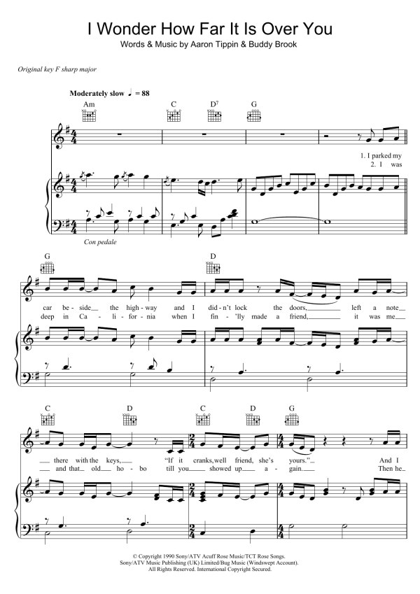 Aaron Tippin I Wonder How Far It Is Over You Musik Noten - Piano, Vocal & Guitar Chords - 123692-0