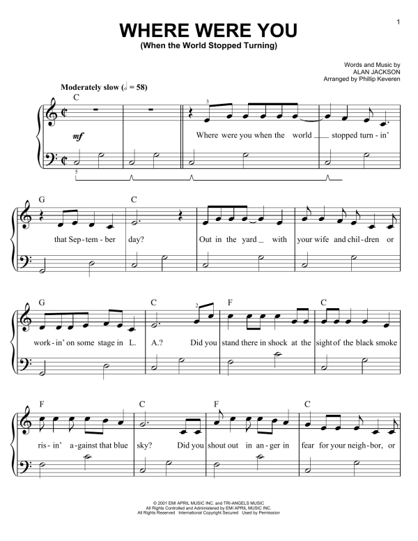 Alan Jackson Where Were You (When The World Stopped Turning) (arr. Phillip Keveren) Musik Noten - Easy Piano - 152961-0