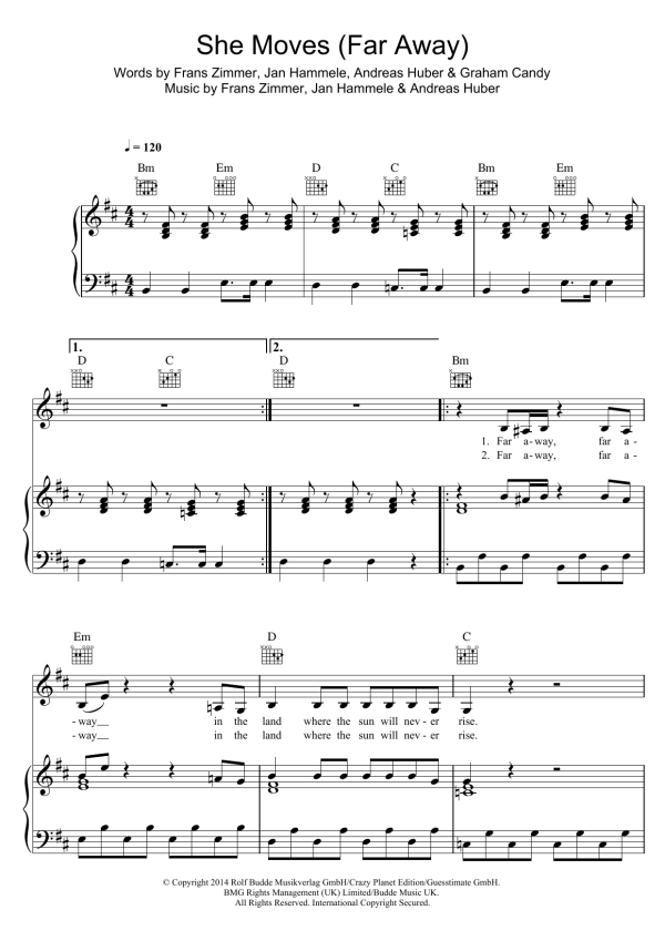 Alle Farben She Moves (Far Away) Musik Noten - Piano, Vocal & Guitar Chords - 119290-0