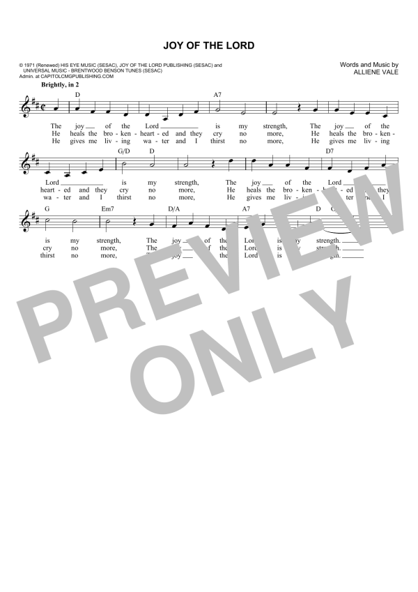 Alliene Vale Joy Of The Lord Musik Noten - Lead Sheet / Fake Book - 179297-0