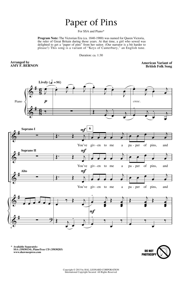 Amy Bernon A Paper Of Pins Musik Noten - SSA Choir - 157287-0
