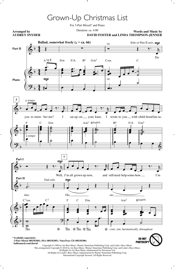 Amy Grant Grown-Up Christmas List (arr. Audrey Snyder) Musik Noten - 3-Part Mixed Choir - 163966-0