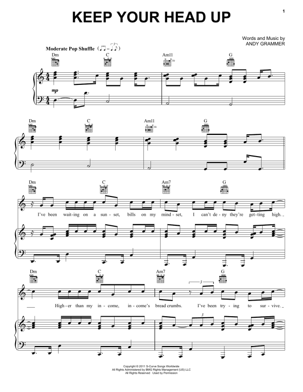 Andy Grammer Keep Your Head Up Musik Noten - Piano, Vocal & Guitar Chords - 173916-0