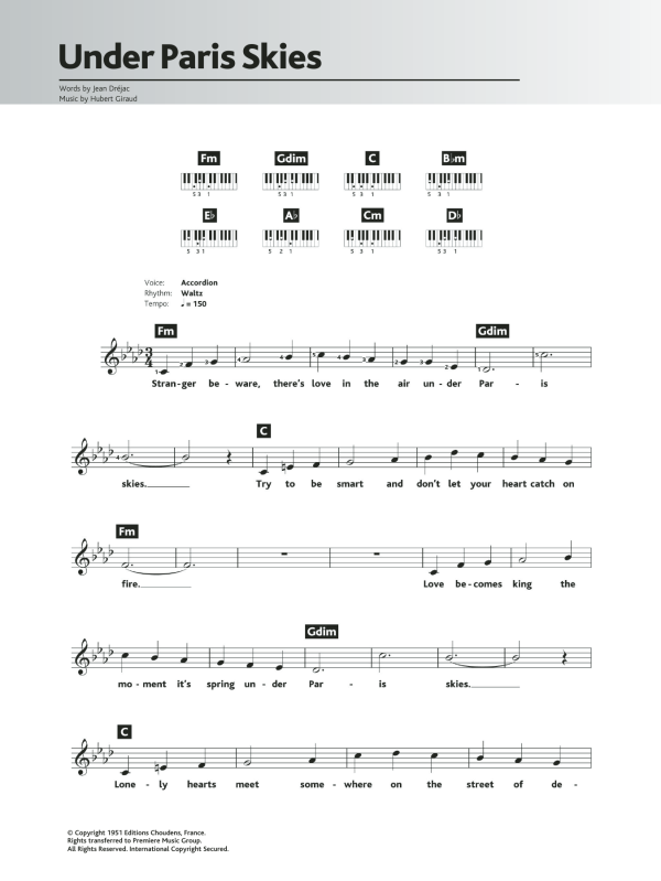 Andy Williams Under Paris Skies (Sous Le Ciel De Paris) Musik Noten - Piano Chords/Lyrics - 119668-0