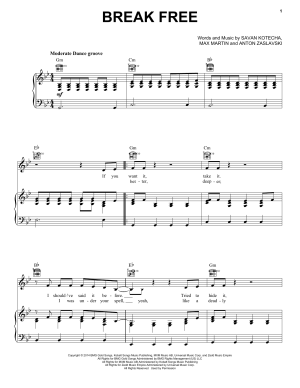Ariana Grande feat. Zedd Break Free Musik Noten - Piano, Vocal & Guitar Chords - 155302-0