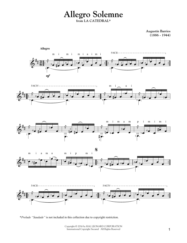 Augustin Barrios Mangore Allegro Solemne Musik Noten - Solo Guitar - 163523-0