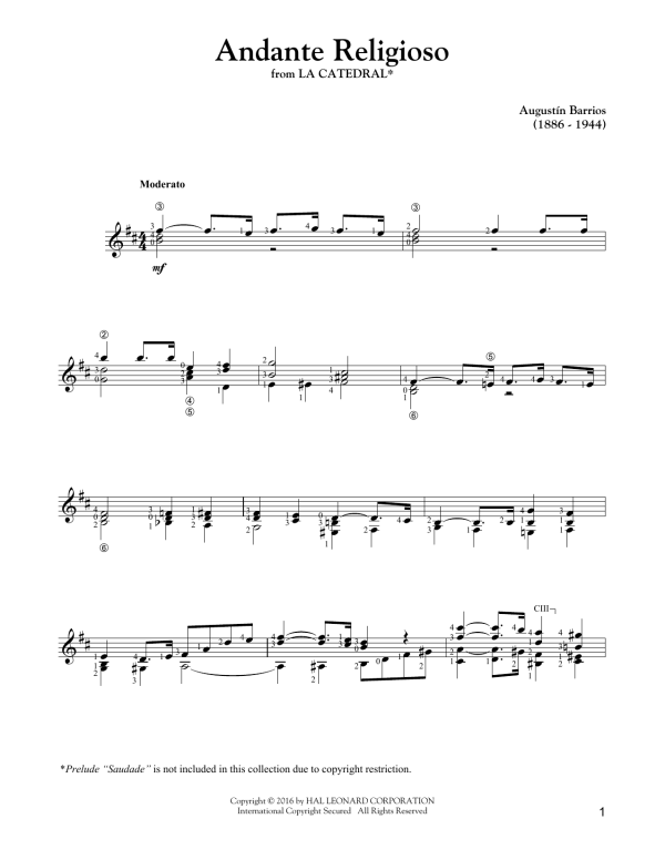 Augustin Barrios Mangore Andante Religioso Musik Noten - Solo Guitar - 163509-0