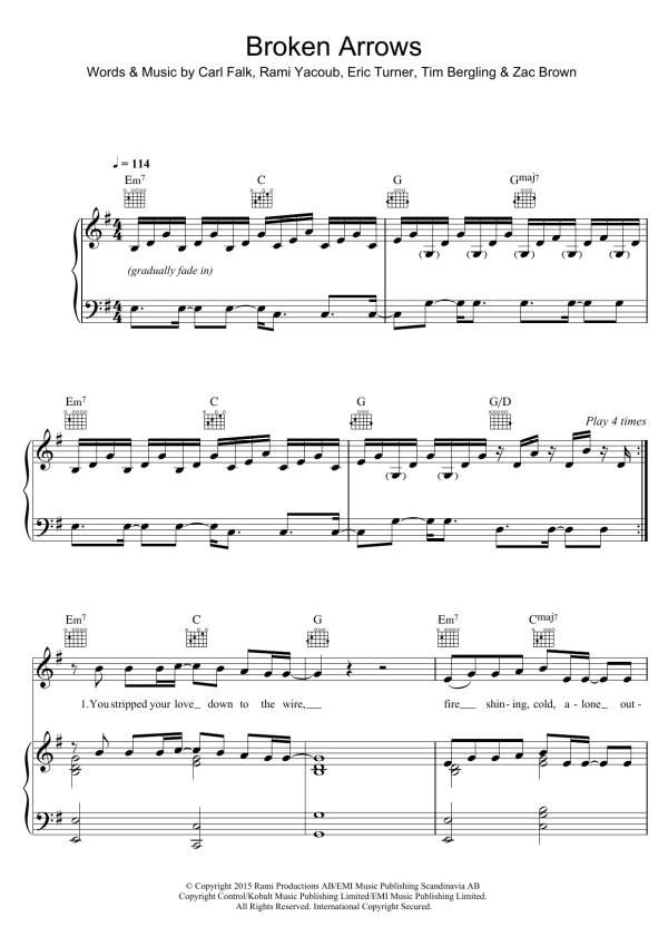 Avicii Broken Arrows Musik Noten - Piano, Vocal & Guitar Chords - 122328-0
