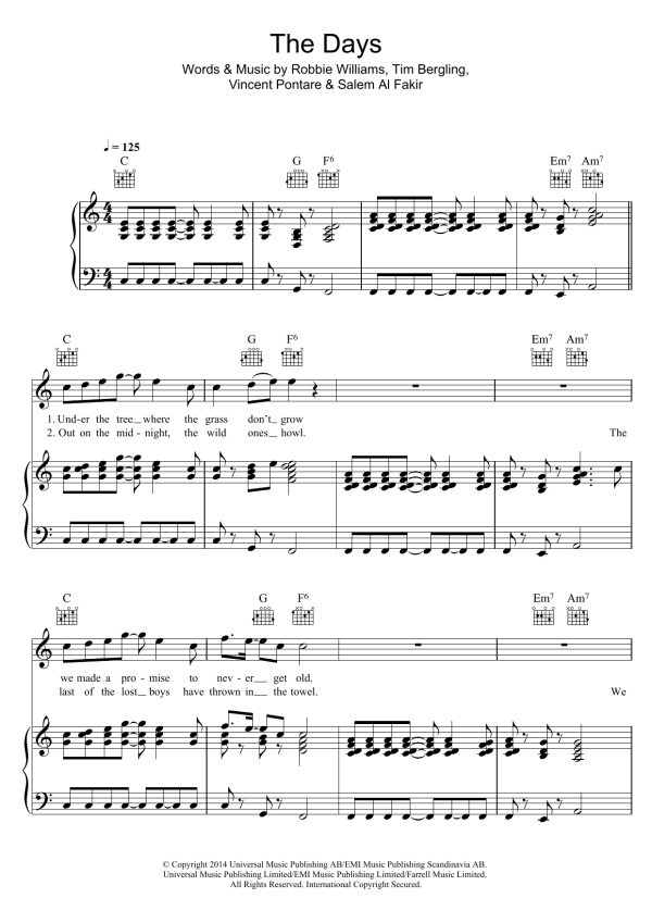 Avicii The Days (feat. Robbie Williams) Musik Noten - Piano, Vocal & Guitar Chords - 119795-0