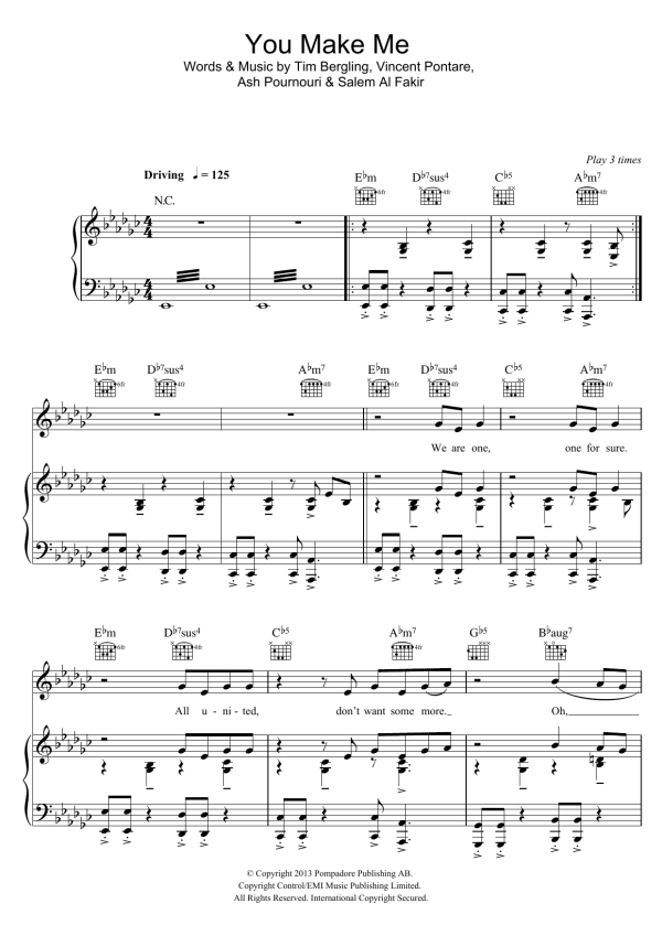 Avicii You Make Me Musik Noten - Piano, Vocal & Guitar Chords - 116952-0