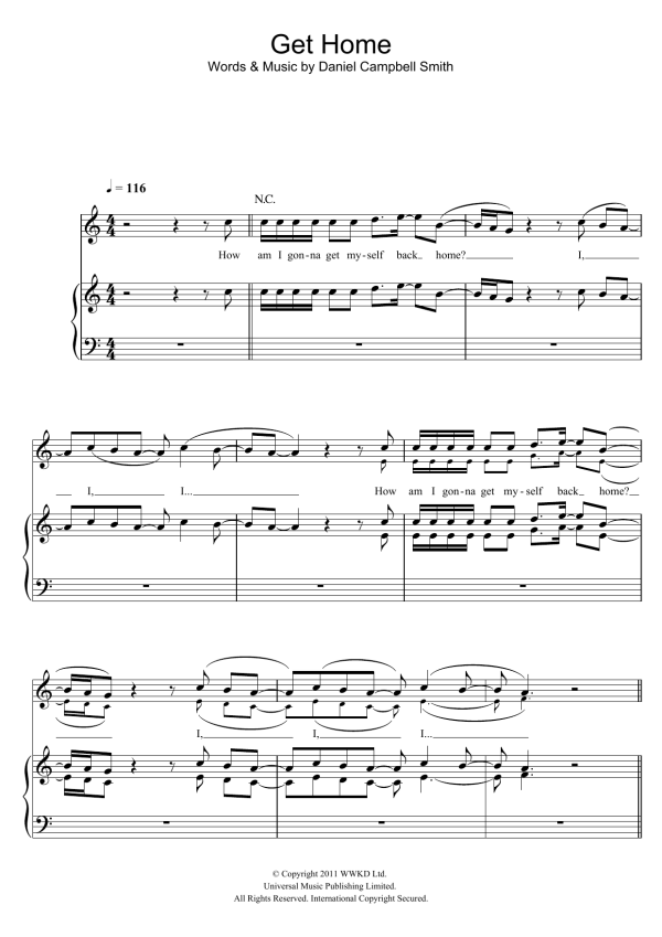 Bastille Get Home Musik Noten - Piano, Vocal & Guitar Chords - 118469-0