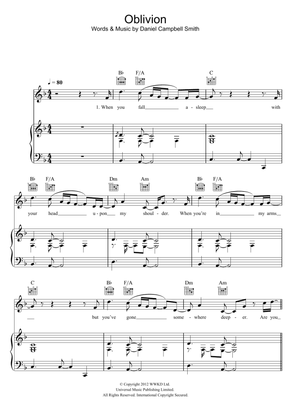 Bastille Oblivion Musik Noten - Piano, Vocal & Guitar Chords - 118472-0