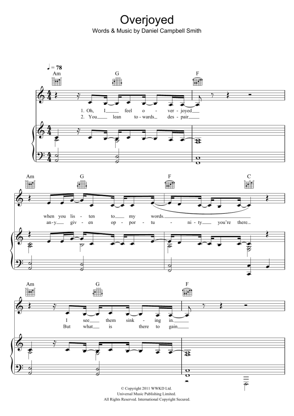 Bastille Overjoyed Musik Noten - Piano, Vocal & Guitar Chords - 118467-0