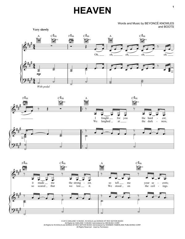 Beyoncé Heaven Musik Noten - Piano, Vocal & Guitar Chords - 158748-0