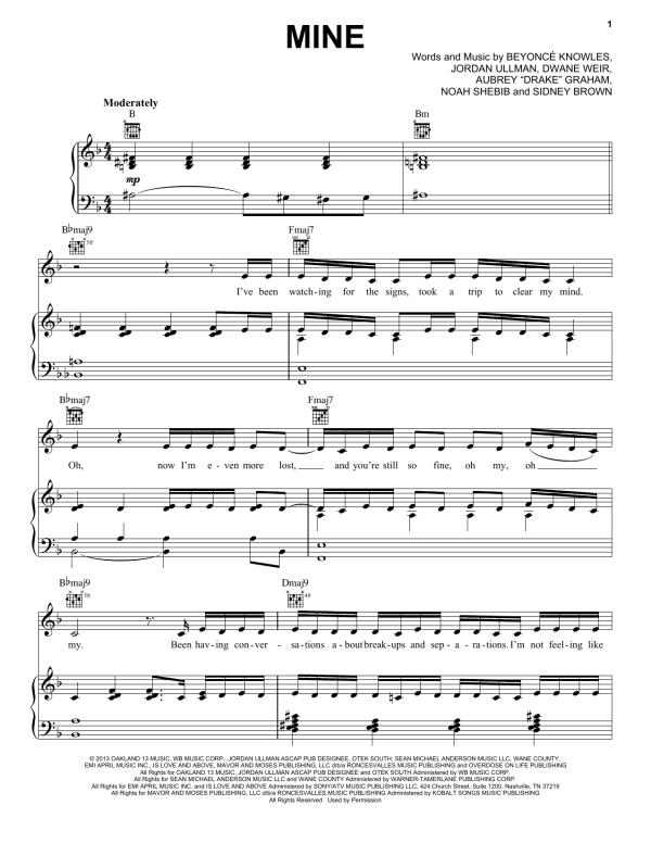 Beyoncé Mine Musik Noten - Piano, Vocal & Guitar Chords - 158760-0