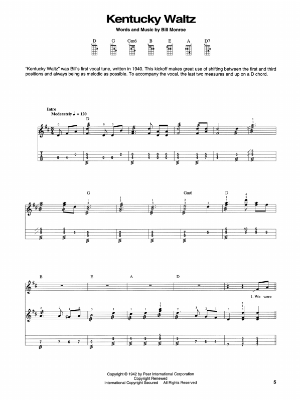 Bill Monroe Kentucky Waltz Musik Noten - Guitar Chords/Lyrics - 118023-0