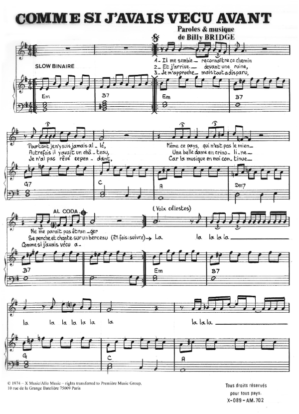 Billy Bridge Comme Si J'Avais Vecu Avant Musik Noten - Piano & Vocal - 119591-0