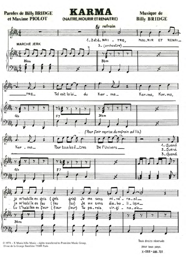 Billy Bridge Karma (Naitre Mourir Et Renaitre) Musik Noten - Piano & Vocal - 119598-0