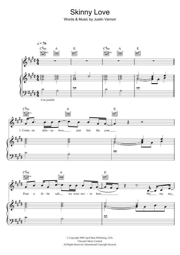Birdy Skinny Love Musik Noten - Piano Chords/Lyrics - 111103-0