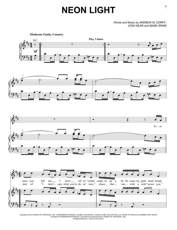 Blake Shelton Neon Light Musik Noten - Piano, Vocal & Guitar Chords - 156031-0