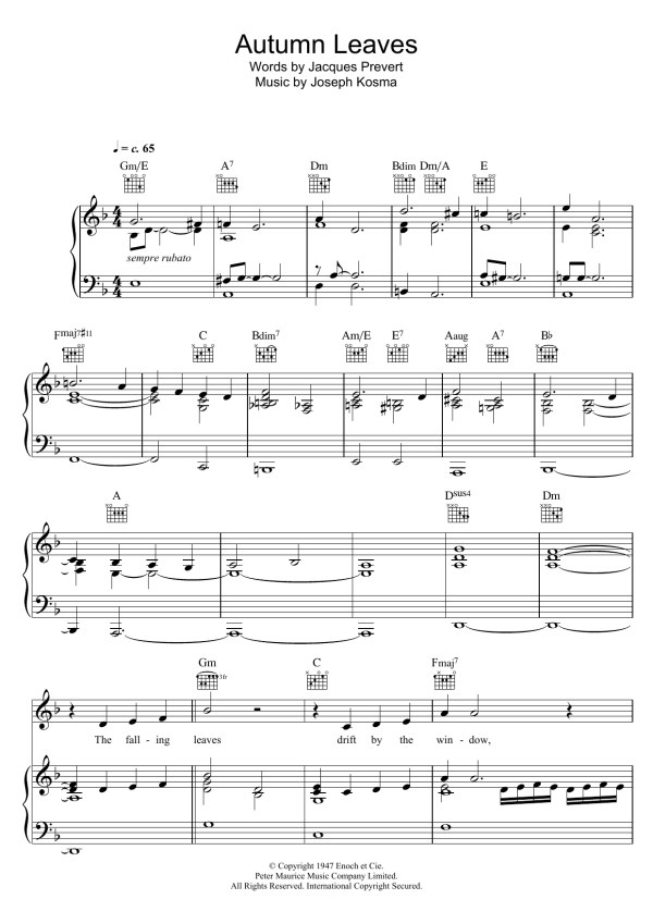 Bob Dylan Autumn Leaves Musik Noten - Piano, Vocal & Guitar Chords - 120701-0