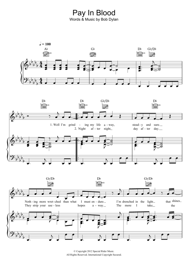 Bob Dylan Pay In Blood Musik Noten - Piano, Vocal & Guitar Chords - 120633-0