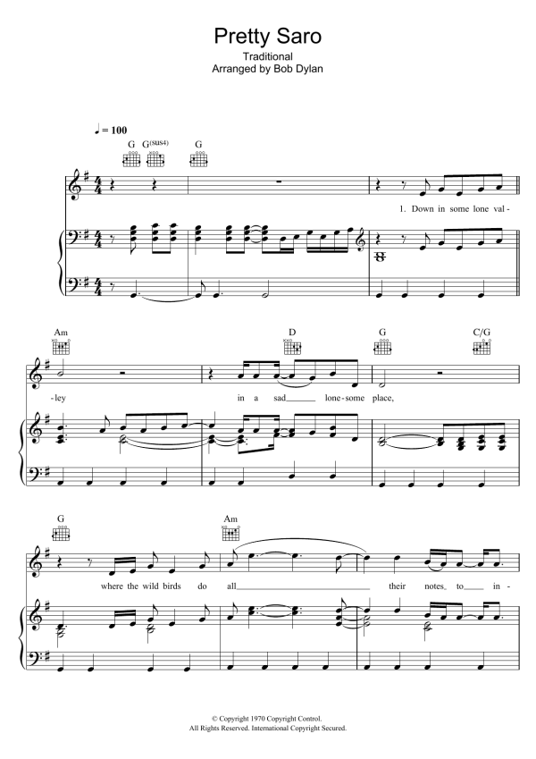 Bob Dylan Pretty Saro Musik Noten - Piano, Vocal & Guitar Chords - 116874-0