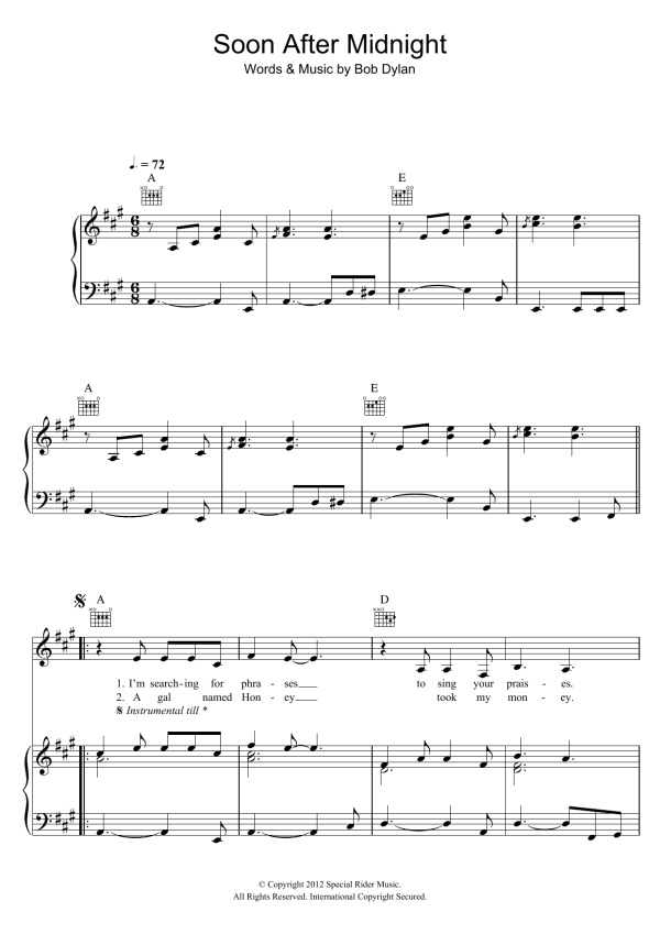 Bob Dylan Soon After Midnight Musik Noten - Piano, Vocal & Guitar Chords - 120631-0