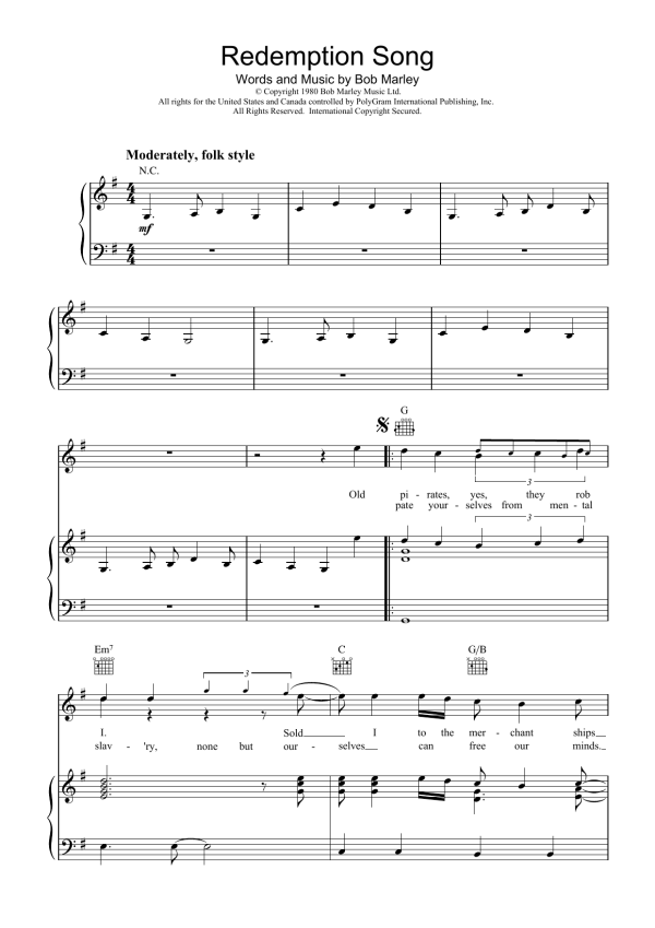 Bob Marley Redemption Song Musik Noten - Ukulele Chords/Lyrics - 108913-0