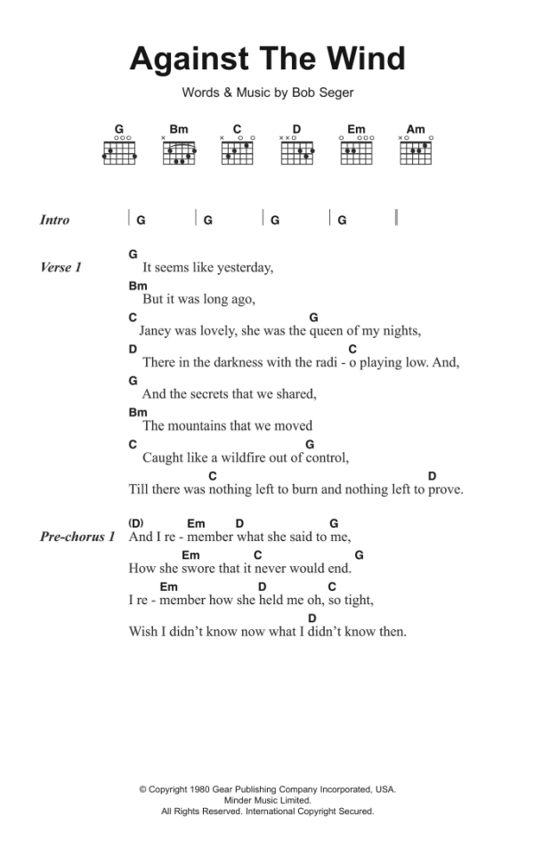 Bob Seger and the Silver Bullet Band Against The Wind Musik Noten - Guitar Chords/Lyrics - 122169-0
