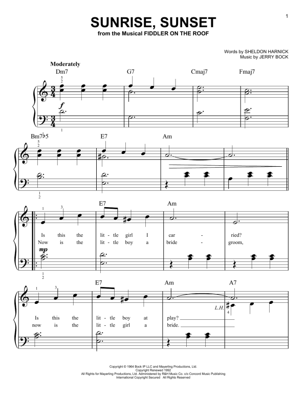 Bock & Harnick Sunrise, Sunset Musik Noten - Piano Chords/Lyrics - 109694-0