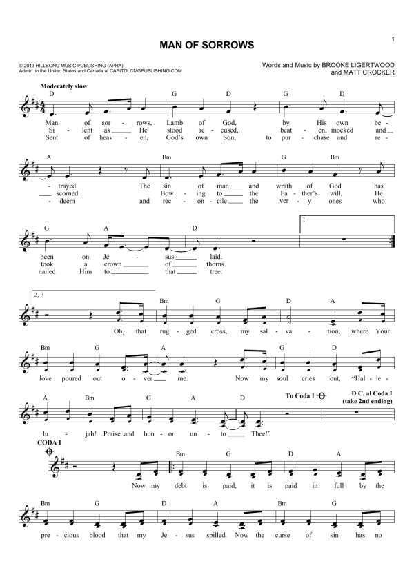 Brooke Ligertwood Man Of Sorrows Musik Noten - Lead Sheet / Fake Book - 178816-0
