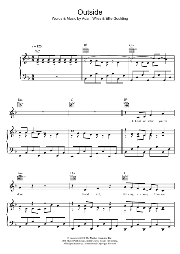 Calvin Harris Outside (feat. Ellie Goulding) Musik Noten - Piano, Vocal & Guitar Chords - 119878-0