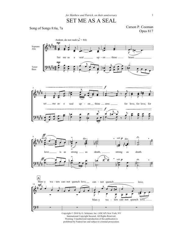 Carson Cooman Set Me As a Seal Musik Noten - SATB Choir - 156449-0