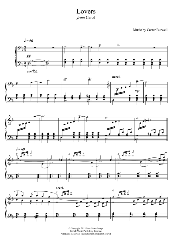 Carter Burwell Lovers (from 'Carol') Musik Noten - Piano Solo - 123076-0