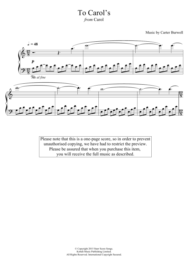 Carter Burwell To Carol's (from 'Carol') Musik Noten - Piano Solo - 123074-0