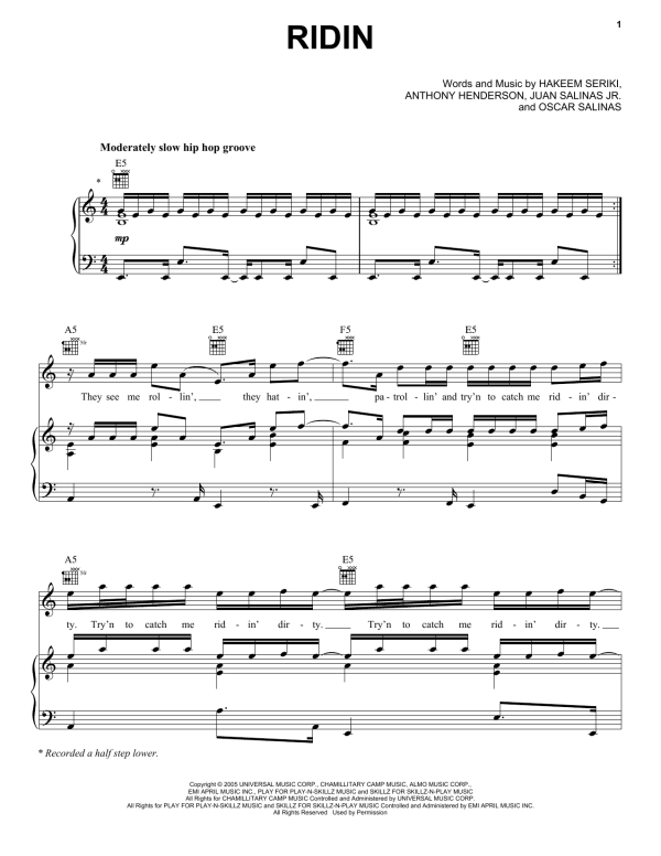 Chamillionaire Ridin Musik Noten - Piano, Vocal & Guitar Chords - 157353-0