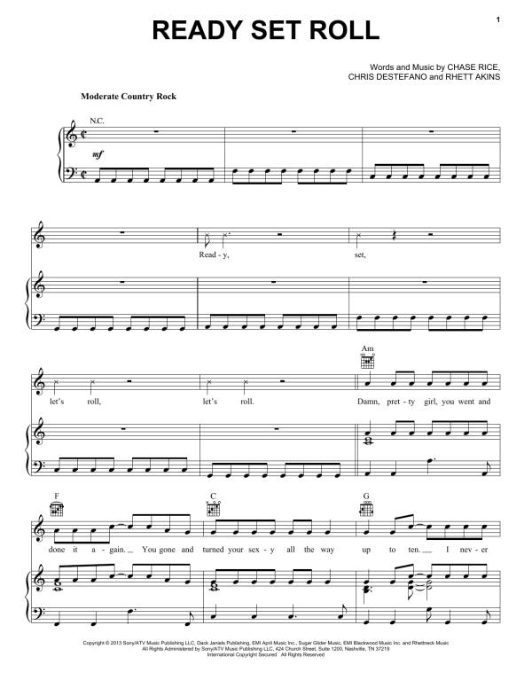 Chase Rice Ready Set Roll Musik Noten - Piano, Vocal & Guitar Chords - 156646-0