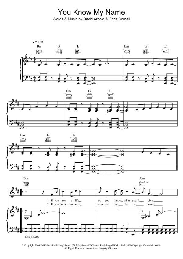 Chris Cornell You Know My Name (theme from James Bond: Casino Royale) Musik Noten - Easy Piano - 116933-0