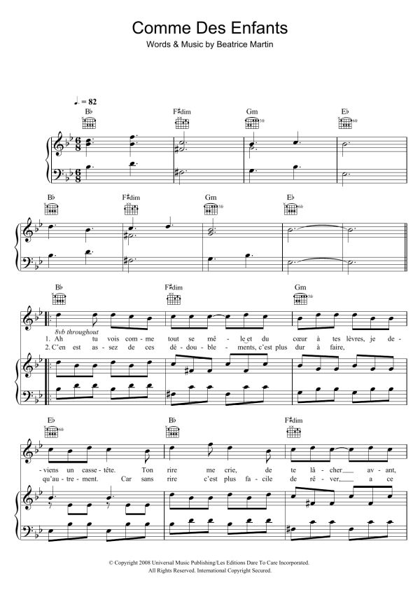 Coeur De Pirate Comme Des Enfants Musik Noten - Piano, Vocal & Guitar Chords - 117998-0