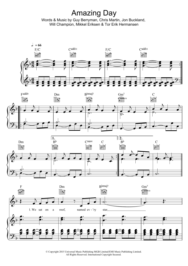 Coldplay Amazing Day Musik Noten - Piano, Vocal & Guitar Chords - 122994-0