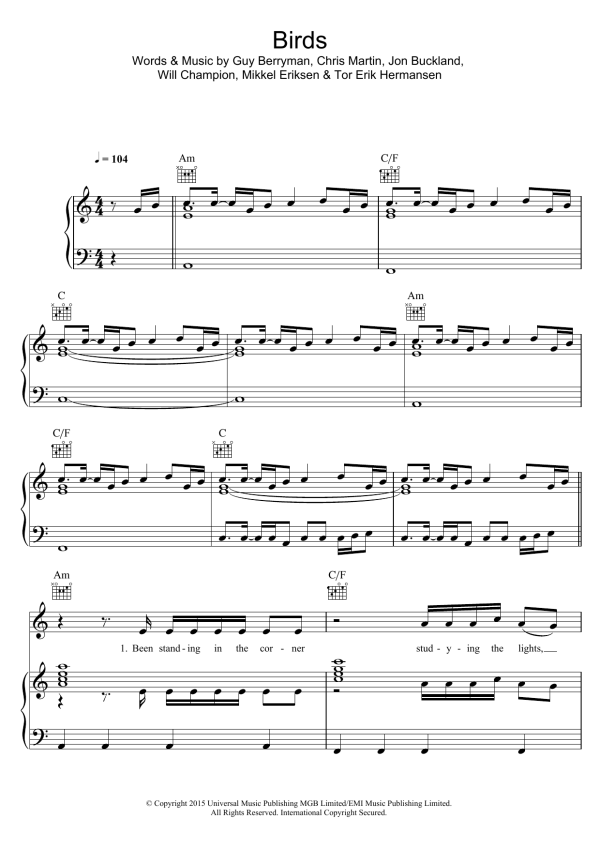 Coldplay Birds Musik Noten - Piano, Vocal & Guitar Chords - 122996-0