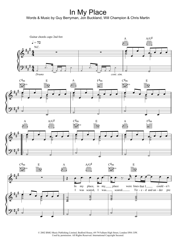 Coldplay In My Place Musik Noten - Piano Chords/Lyrics - 117175-0