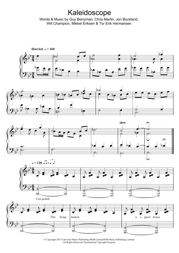 Coldplay Kaleidoscope Musik Noten - Piano, Vocal & Guitar Chords - 123001-0