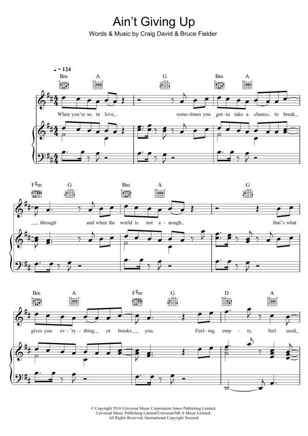 Craig David Ain't Giving Up (featuring Sigala) Musik Noten - Piano, Vocal & Guitar Chords - 123705-0
