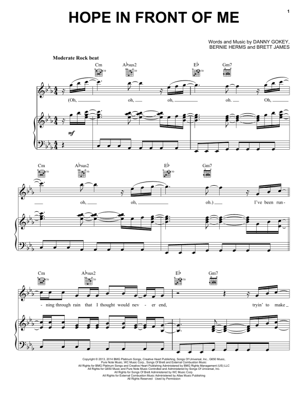 Danny Gokey Hope In Front Of Me Musik Noten - Piano, Vocal & Guitar Chords - 155411-0