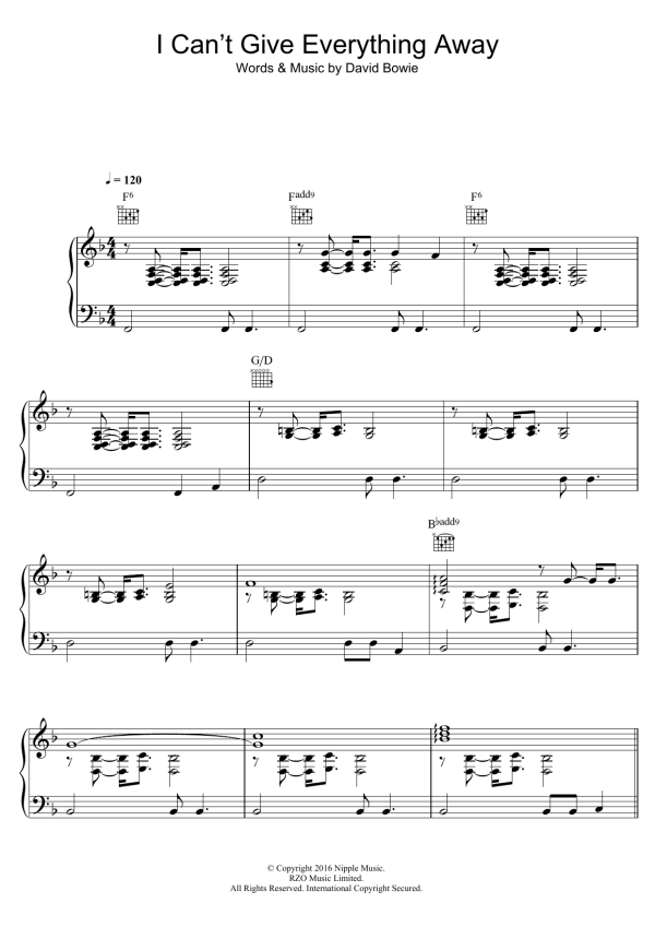 David Bowie I Can't Give Everything Away Musik Noten - Piano, Vocal & Guitar Chords - 123328-0