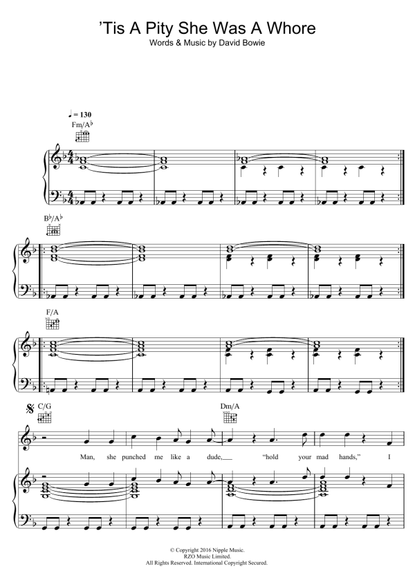 David Bowie 'Tis A Pity She Was A Whore Musik Noten - Piano, Vocal & Guitar Chords - 123325-0