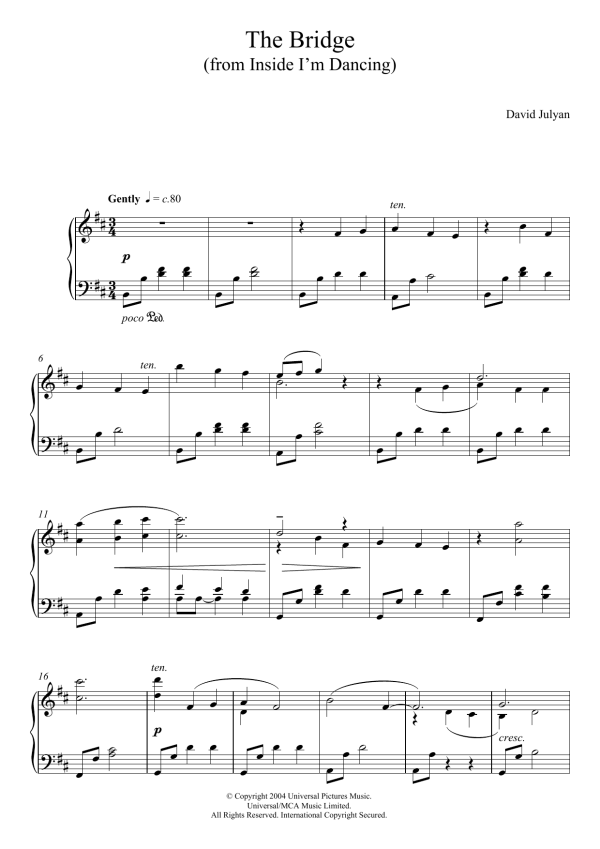 David Julyan The Bridge (from Inside I'm Dancing) Musik Noten - Piano Solo - 123620-0